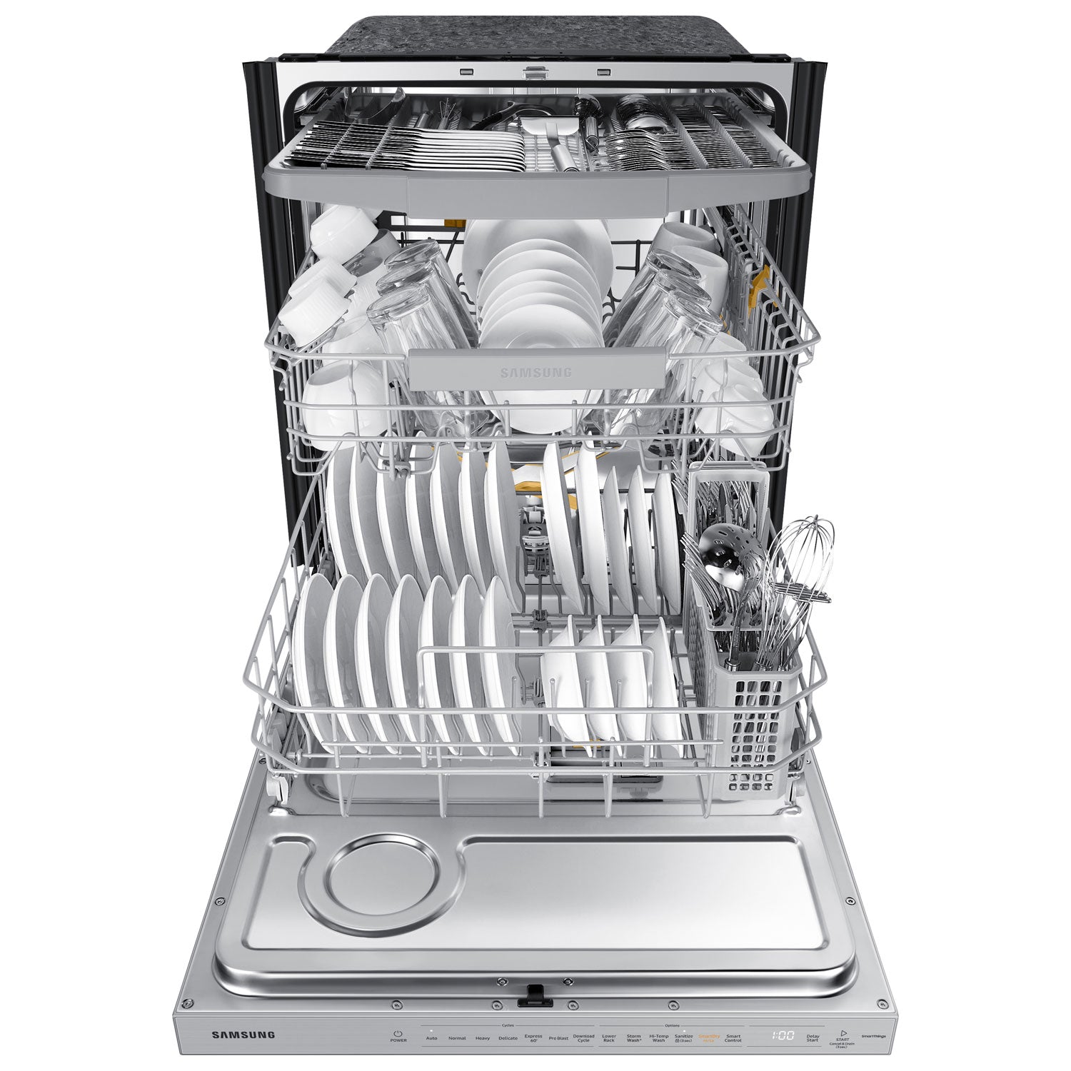 DW80B7070AP/AC - Lave-vaisselle à commandes sur le dessus, 3e panier, StormWash+ et porte à ouverture automatique de 24 po 42 dB de Samsung - Energy Star () - Prêt pour panneau