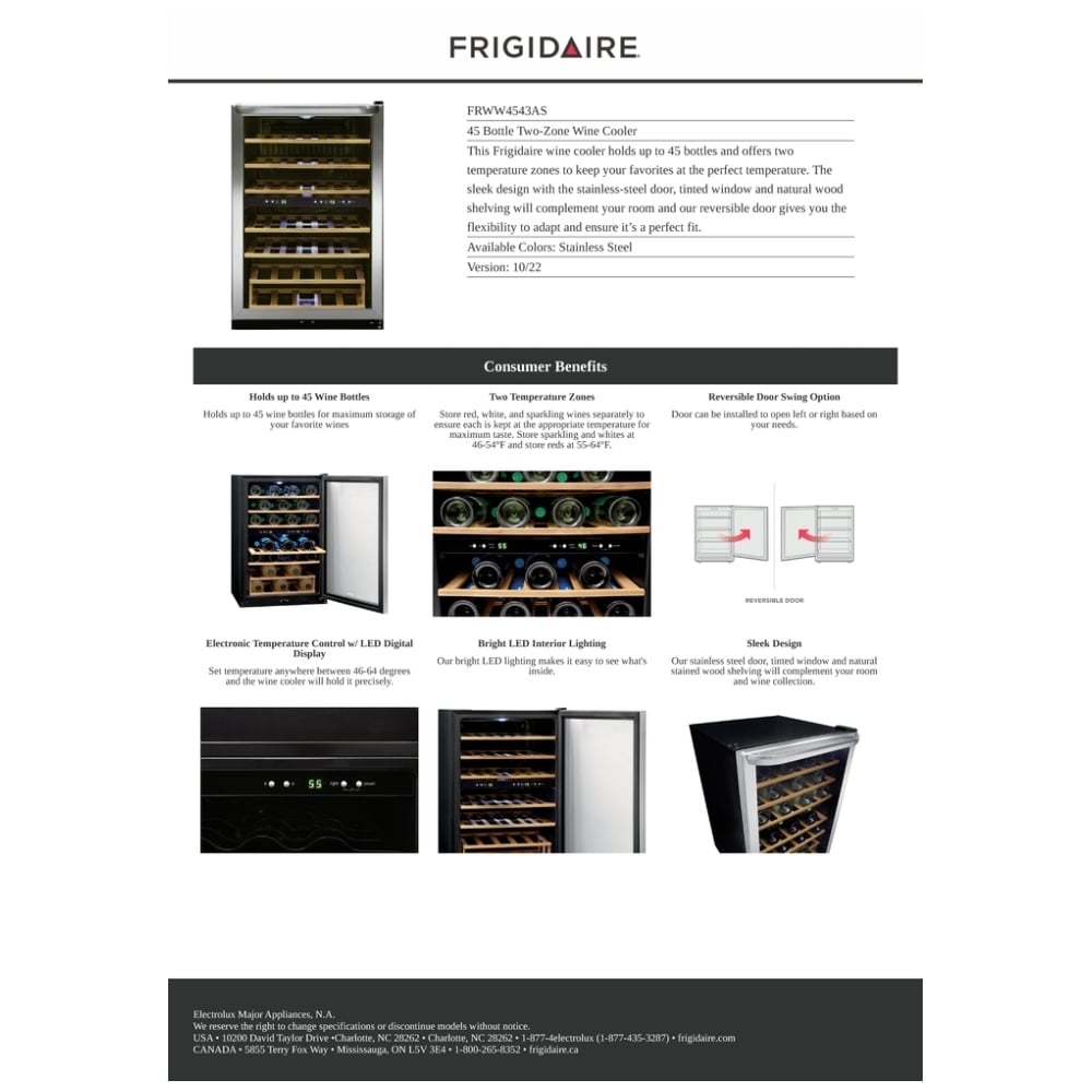 FRWW4543AS - Réfrigérateur à vin deux zones de 45 bouteilles Frigidaire 